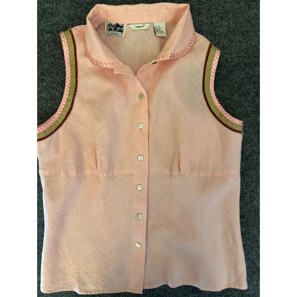 Edward Irish Linen Shirt Womens XL‎ Pink Sleeveless Button Down Quiet Luxury - Picture 2 of 11
